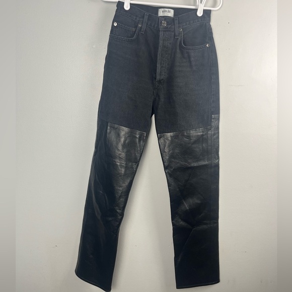 AGOLDE Woman's Black Pieced 90s Pinch Waist Leather Jeans Size 24 - Picture 7 of 9